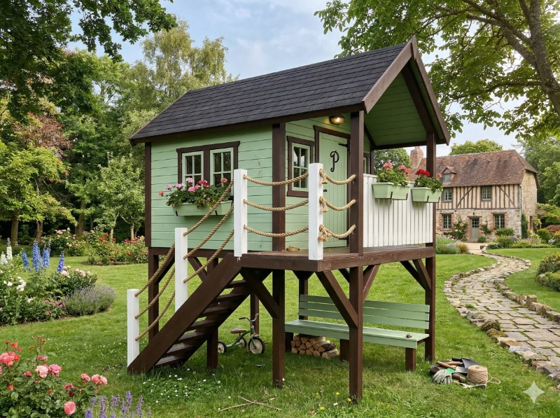 Spielhaus selber bauen Holz Stelzenhaus mit Veranda im Garten
